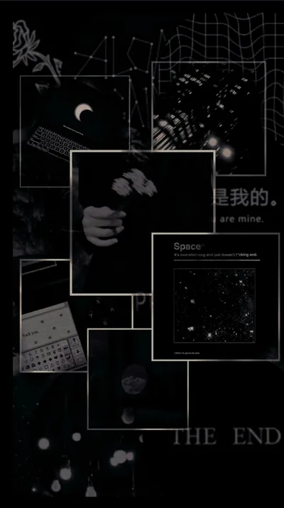 Overlapping white-bordered frames stack down a black background — a crescent moon, an outstretched hand, a star chart — with THE END lettered across the bottom.