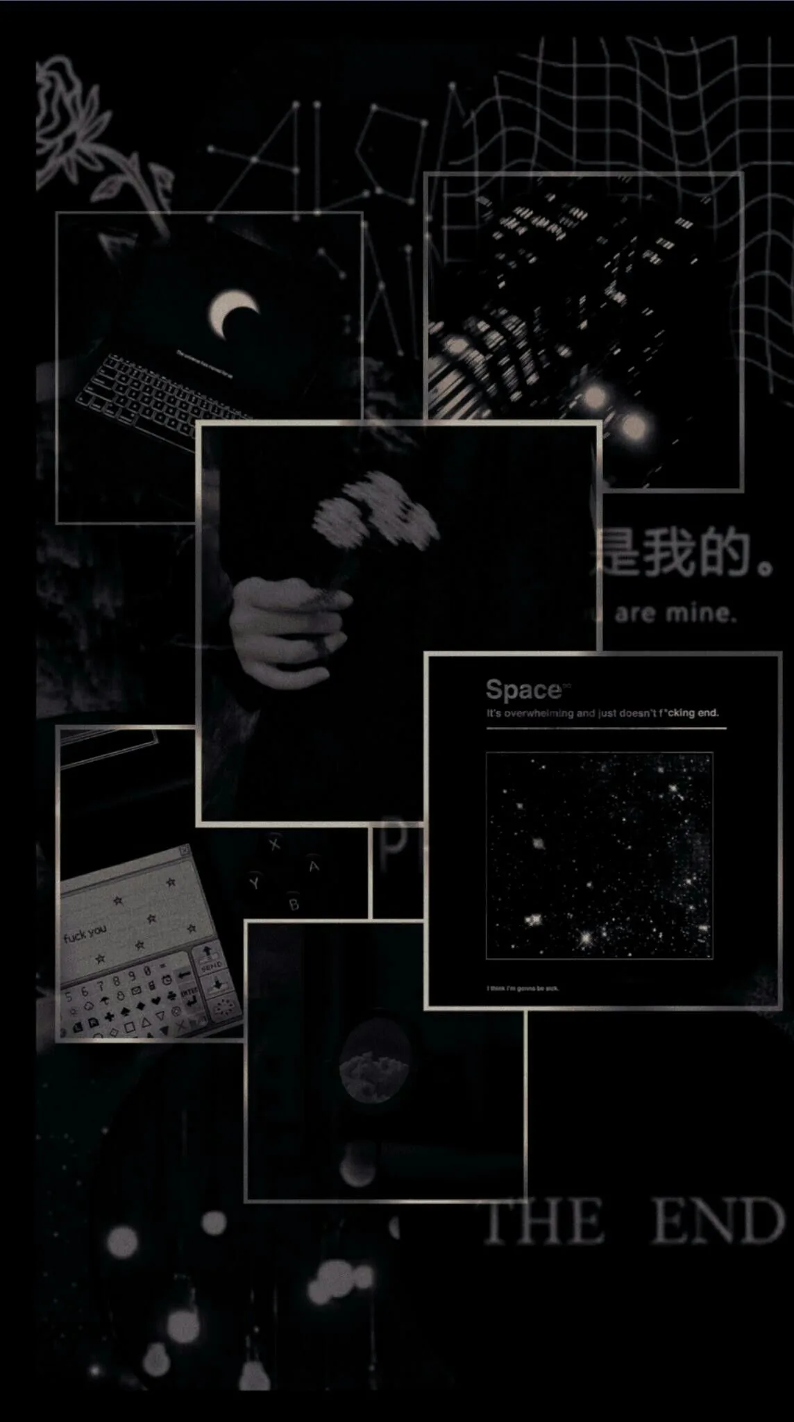 Overlapping white-bordered frames stack down a black background — a crescent moon, an outstretched hand, a star chart — with THE END lettered across the bottom.