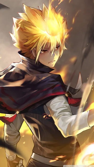 A boy with flame-orange spiked hair glances over his shoulder in a dark mantle, embers drifting up the right edge of this portrait frame.