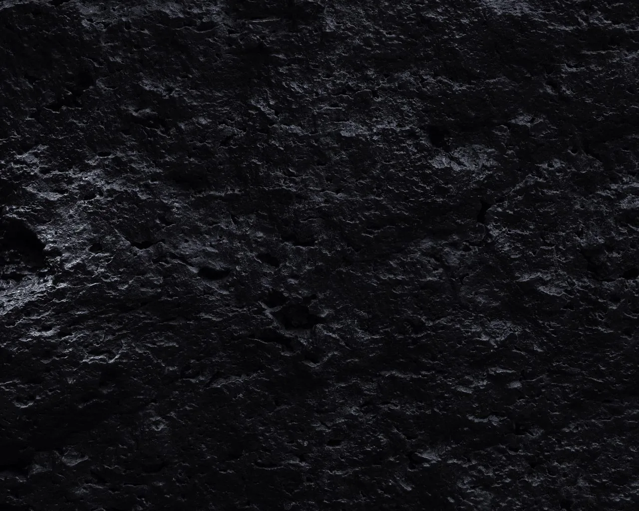 A coal-black rock face photographed close up, pitted with small hollows, its ridges catching light from the lower left while the upper right falls to black.