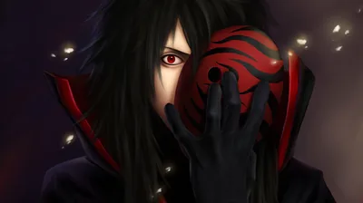 A painterly portrait of Madara lifting a swirled orange-red mask to his cheek, one red eye visible and faint lights floating in the dark background.