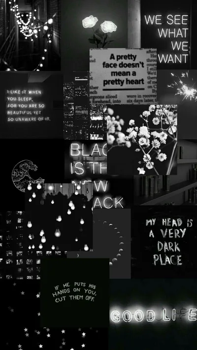 Blurred strings of bulbs bleed between torn photo scraps, typed lines like BLACK IS THE NEW BLACK and MY HEAD IS A VERY DARK PLACE stacked over the darkest panels.