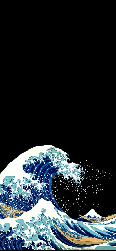 The Great Wave crashes along the bottom of the screen while the upper two thirds stay flat black, keeping the clock area clear on OLED phones.