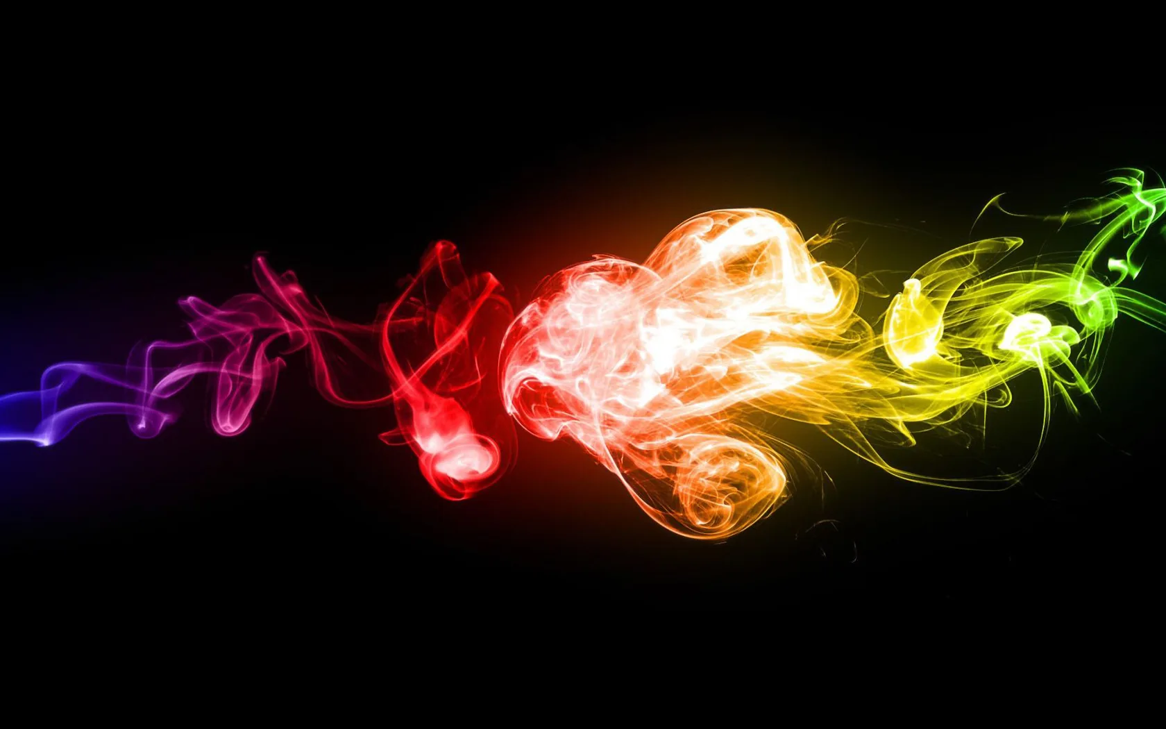 A horizontal burst shifts from red on the left through a glowing orange core to green at the right, black filling both top corners.