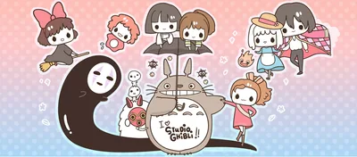 Chibi versions of Totoro, No-Face, Kiki and Ponyo line up along a black sweeping arm, a wide banner shape that suits ultrawide desktop monitors.
