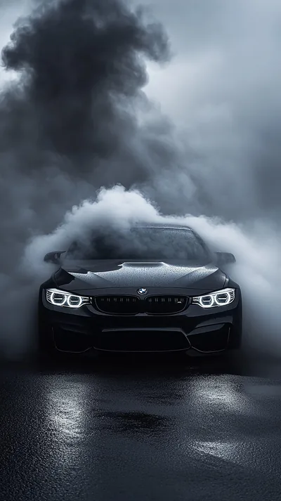 Vertical night shot of an M4 half swallowed by thick grey fog, only its angel-eye headlights and kidney grille cutting through above the wet road.