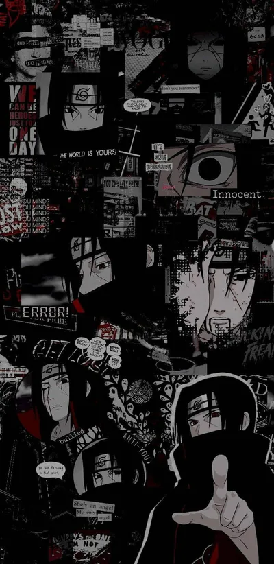 Itachi appears again and again through a dense red-and-black sticker collage, torn labels and warning text filling every gap in the tall frame.
