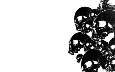 A stack of polished black skulls crowds the right side of a plain white field, each one reflecting a small highlight along the brow.