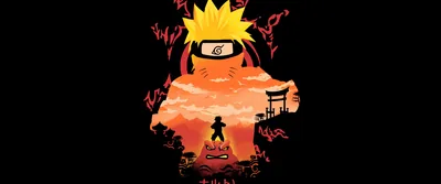 An ultrawide crop of the same orange village scene held inside a spiky-haired silhouette, both sides of the frame dropping into flat black.