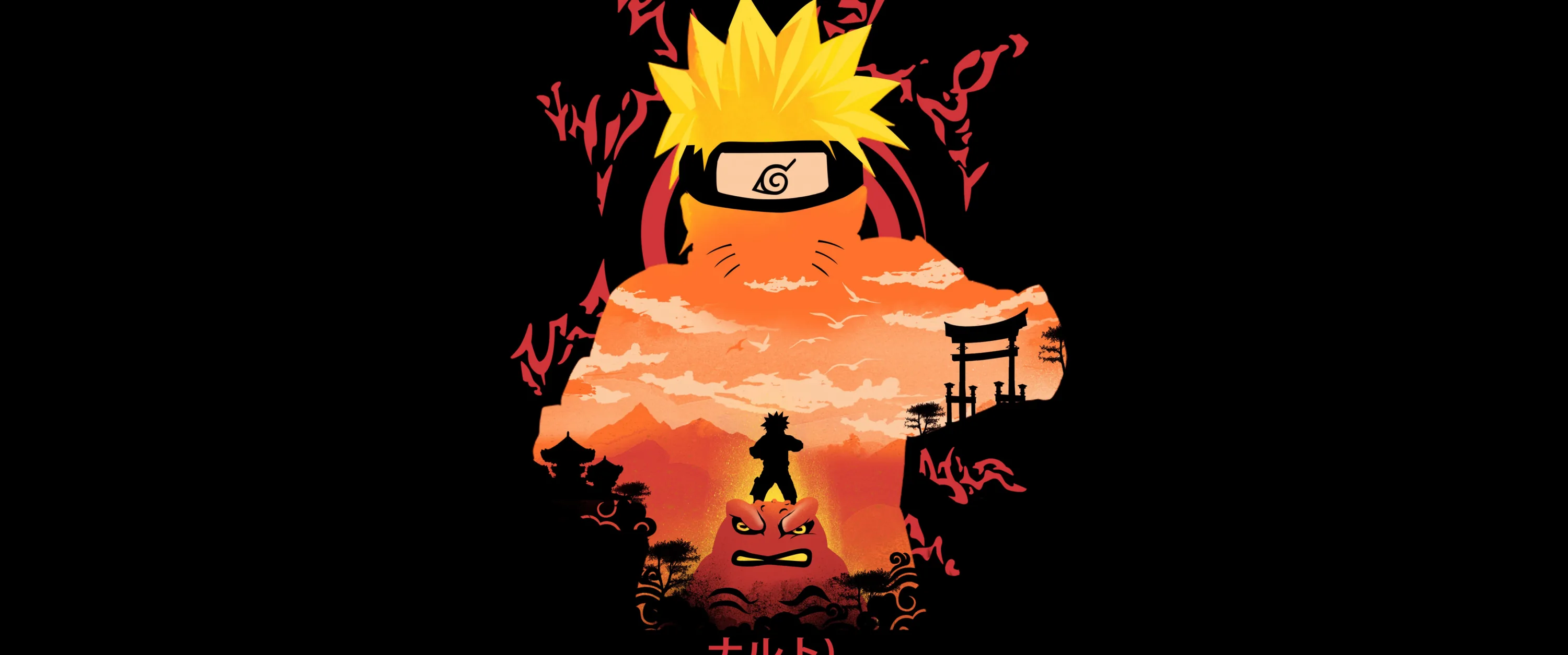 An ultrawide crop of the same orange village scene held inside a spiky-haired silhouette, both sides of the frame dropping into flat black.