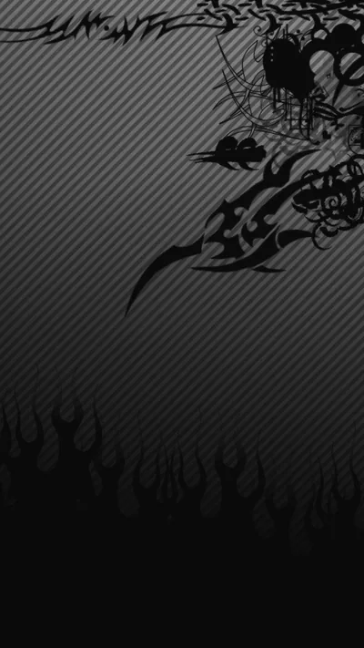 A black tribal dragon curls across the top corner of a diagonal carbon fibre weave, with flame shapes rising from the bottom edge in the same flat black.