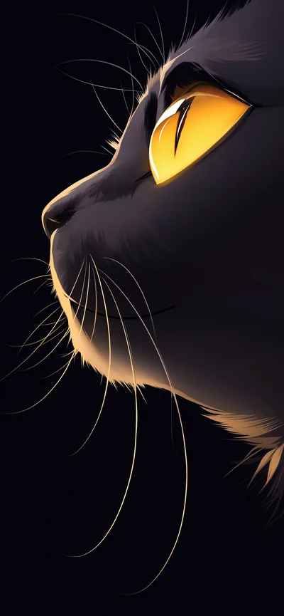 Side view of a cat's head with one amber eye and a long fan of pale whiskers drawn against a deep navy-black field.