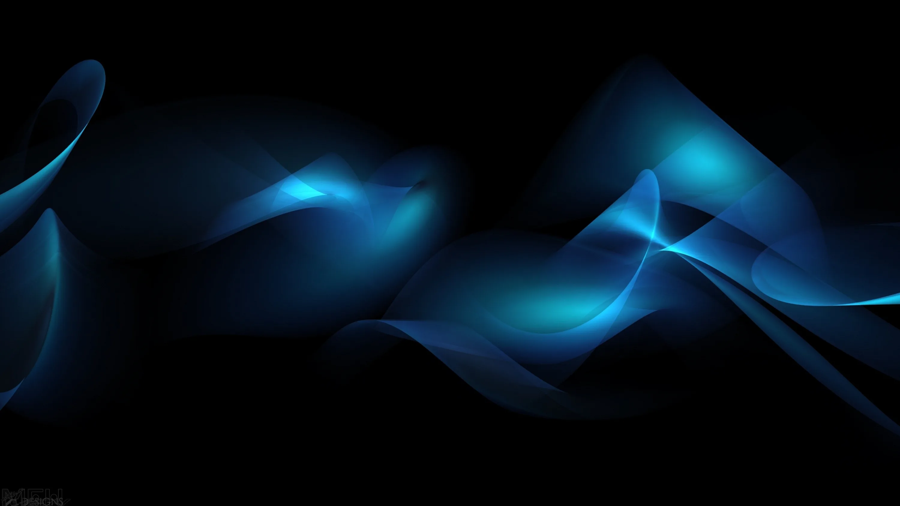 Smooth ribbons of light rise and fall across black like sound waves, dimming toward both edges so the corners stay completely dark.