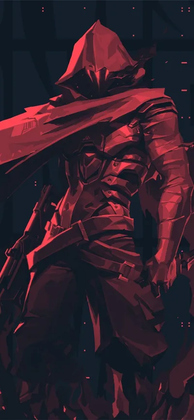 A cloaked figure turns side-on in faceted low-poly geometry, cut entirely from shades of blood red against a dark corridor.