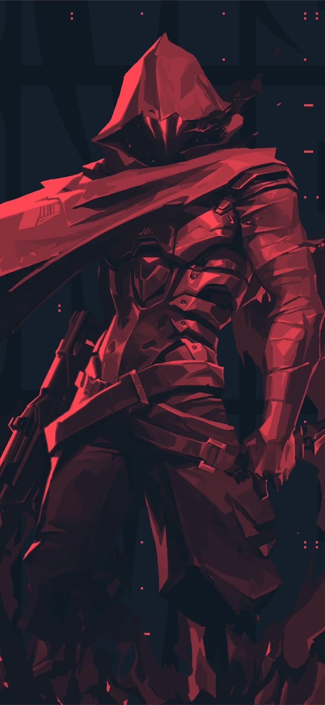 A cloaked figure turns side-on in faceted low-poly geometry, cut entirely from shades of blood red against a dark corridor.