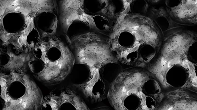 Cracked skulls packed edge to edge in harsh monochrome, empty eye sockets reading as pure black holes across the frame.