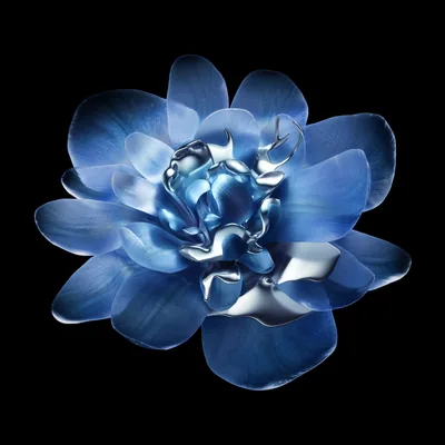 A single bloom rendered in polished chrome-blue petals with a liquid metal centre, isolated on pure black with no background at all.