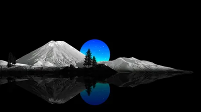 A glowing blue disc rises between two white peaks with a lone pine in front, the whole scene mirrored in still water below.