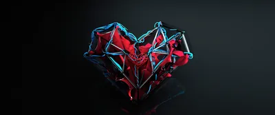A faceted 3D heart built from sharp red panels with teal edges, sitting on a reflective floor against a charcoal grey backdrop.