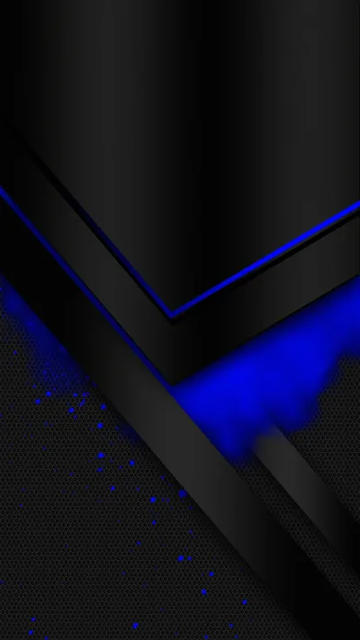 Matte black panels meet in sharp angles edged with thin blue lines, a burst of blue spray crossing the middle of the frame.
