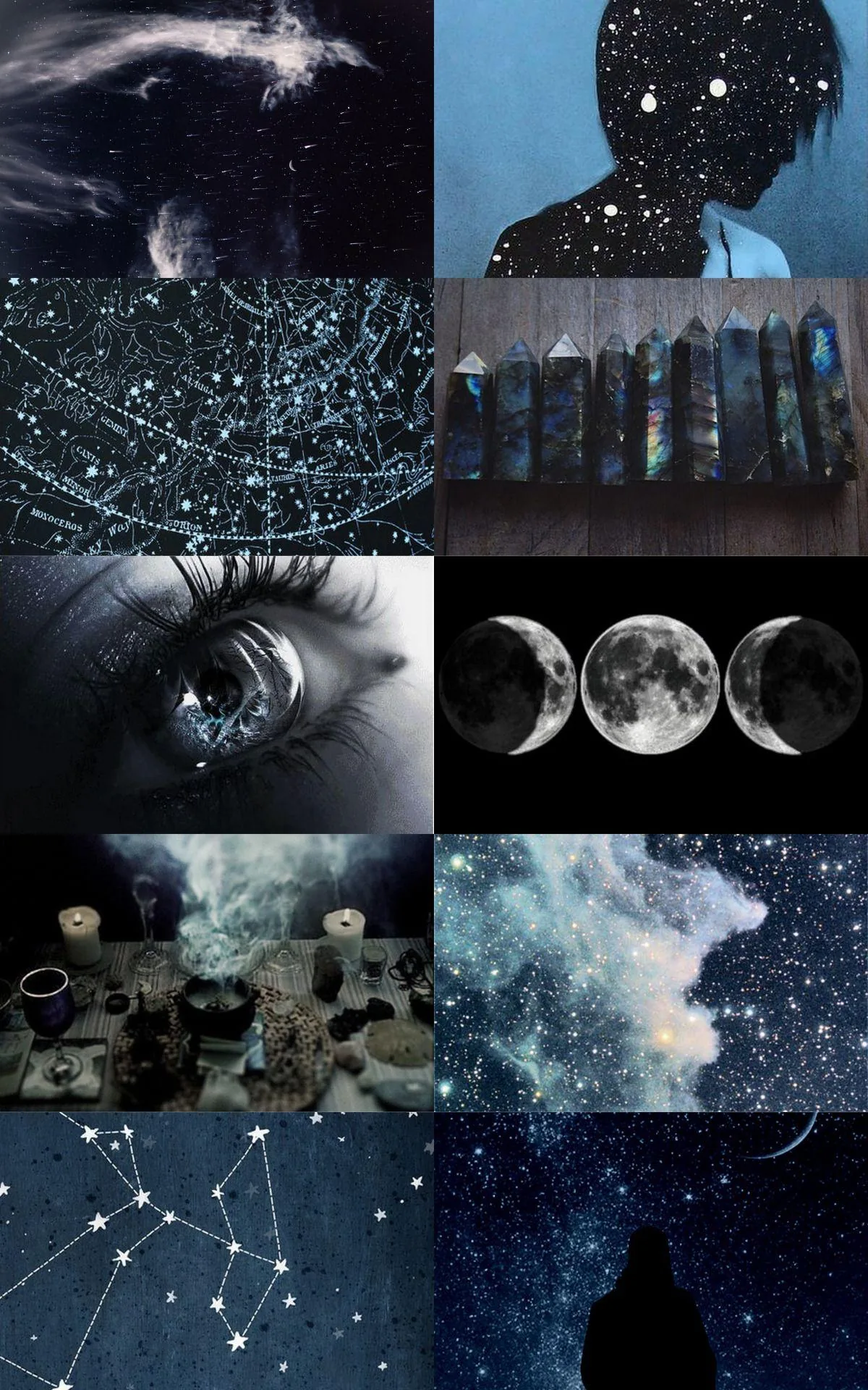 Ten navy-toned tiles mix a constellation map, glowing crystals, an eye close-up, three moon phases, and a hooded figure into one deep blue collage.