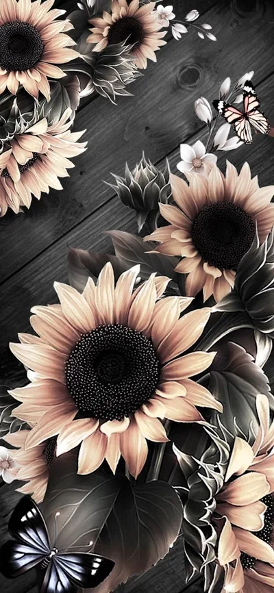 Blush-toned sunflowers and a butterfly spread over weathered dark planks, the leaves and grain kept almost monochrome behind them.