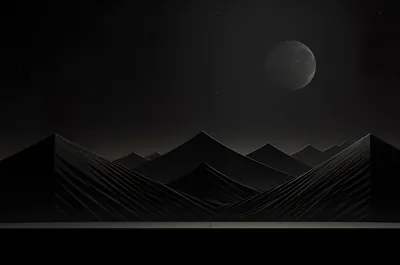 Ribbed 3D peaks rise in layers out of a black plain, a dim grey moon low in the sky and the whole scene lit from behind.