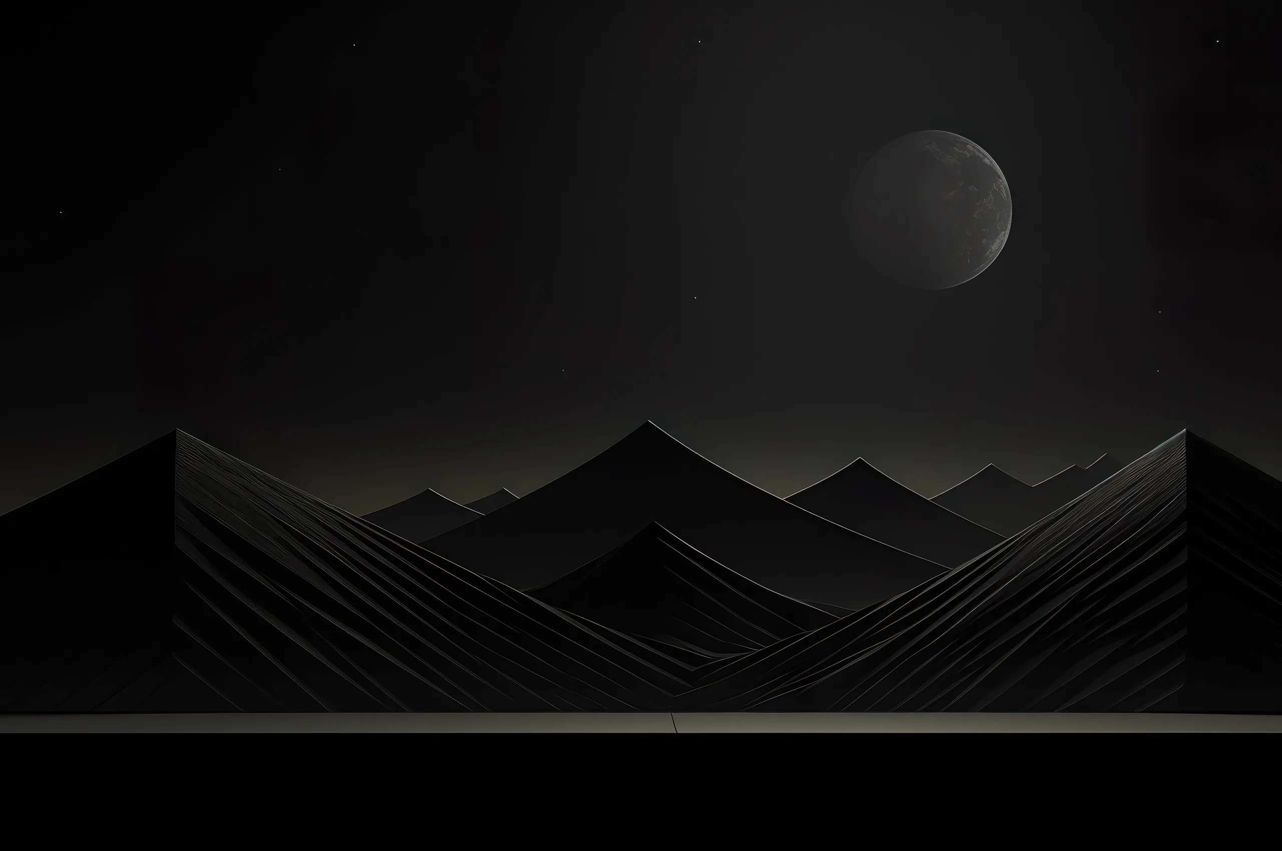 Ribbed 3D peaks rise in layers out of a black plain, a dim grey moon low in the sky and the whole scene lit from behind.