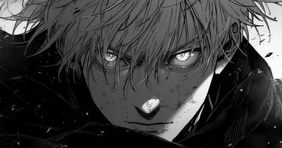 Pencil-textured close-up with light hair and blank white eyes, ash flecks drifting across a black collar and the darkened background.