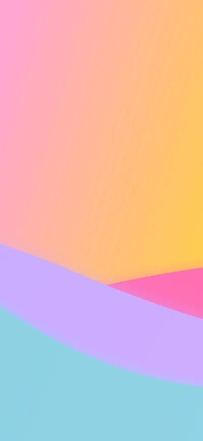 Flat colour blocks stack like a pastel landscape — peach sky, a lavender wave, a pink ridge and a mint foreground with plenty of open space.