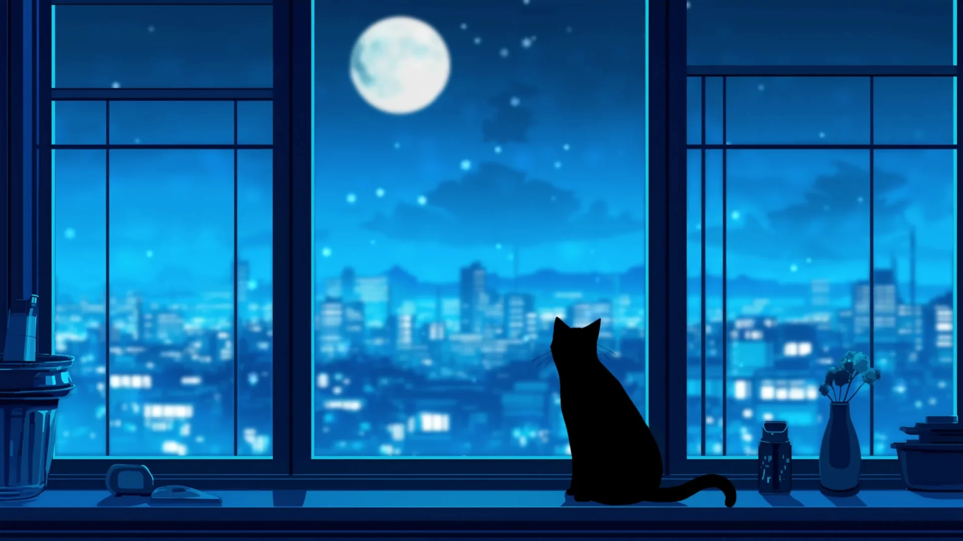A cat sits in silhouette against a full moon, city lights spread out beyond the glass and a small plant on the sill beside it.