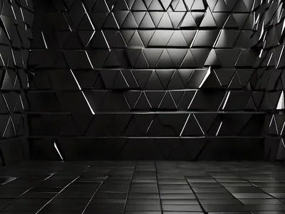 Faceted triangular tiles cover the back wall of an empty room, thin slits of light glowing between them and reflecting on the tiled floor.