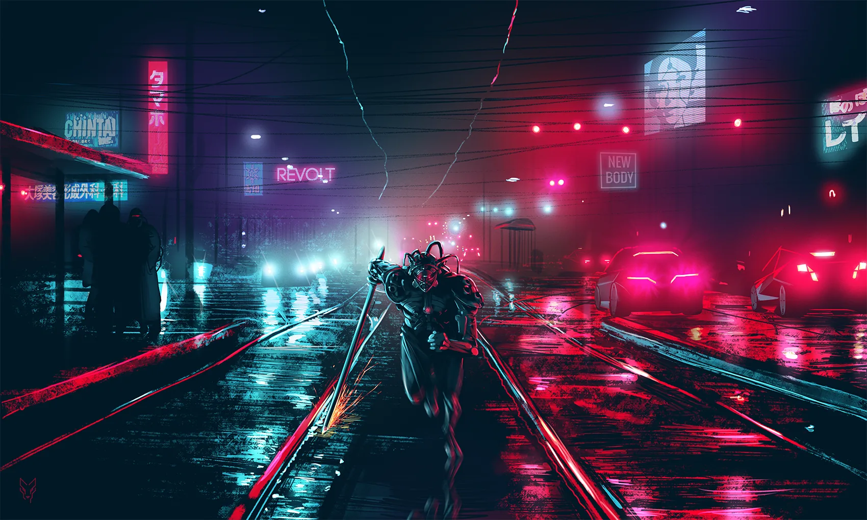 An armoured figure carries a katana up rain-slicked tracks between red signs, the reflections doubling every light while both top corners stay near black.