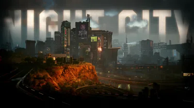 Giant chrome letters spell the city's name behind sunlit cliffs and towers, storm clouds keeping the upper corners dark and readable.