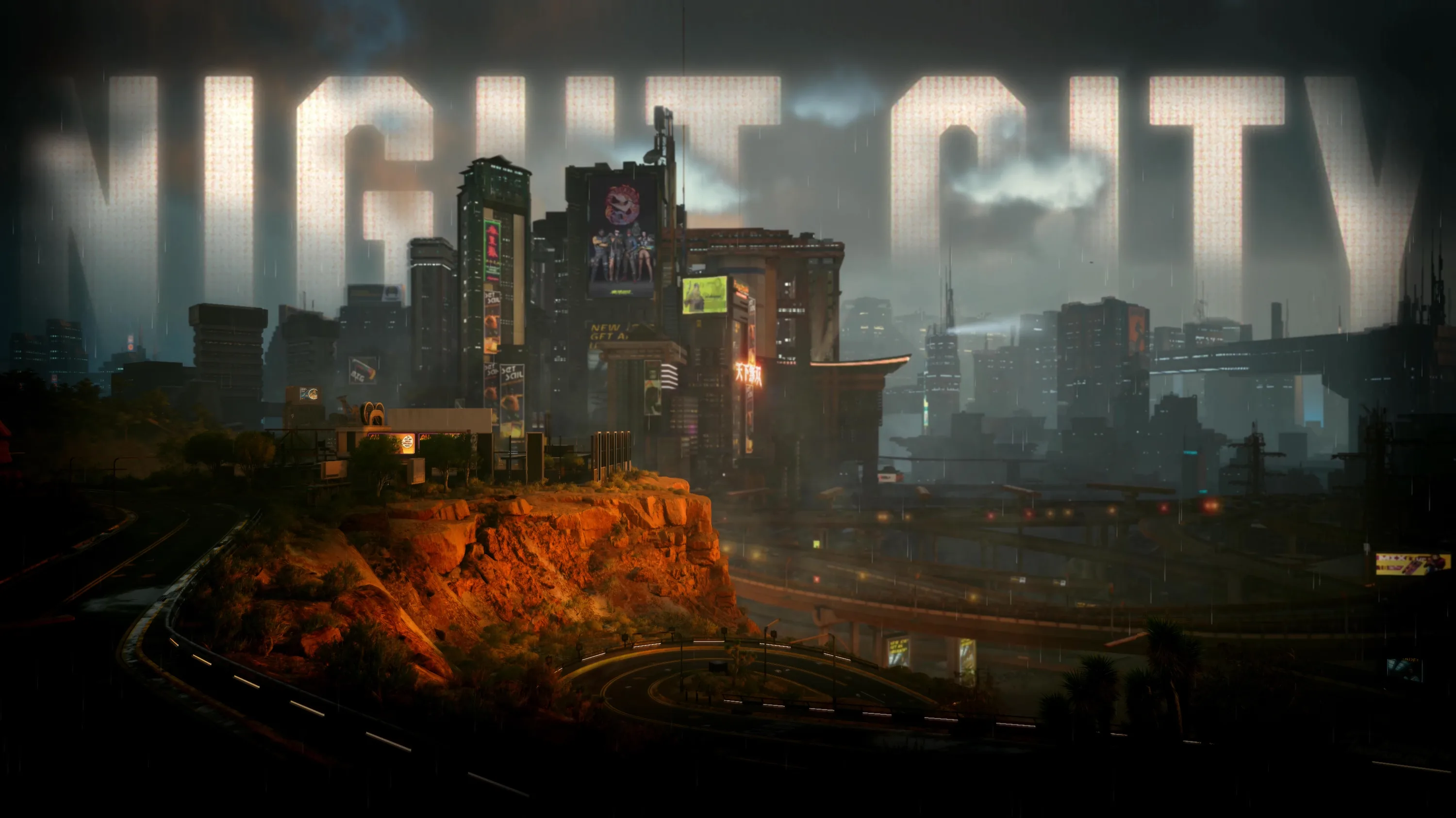 Giant chrome letters spell the city's name behind sunlit cliffs and towers, storm clouds keeping the upper corners dark and readable.