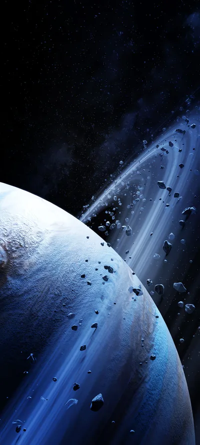 A blue ice planet fills the lower half, its ring and asteroid field cutting across the middle — the black sky above leaves room for the clock.