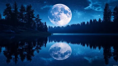 Digital art of a full moon doubled in a still forest lake, deep blues throughout with the mirrored glow anchoring the lower half.