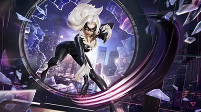 The white-haired Black Cat springs out of a glowing purple ring above a night skyline, shards of glass scattering across the frame.
