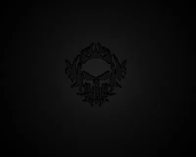 An ornate skull badge is set into near-black charcoal at the centre, so dim that the frame reads as empty until the screen brightens.