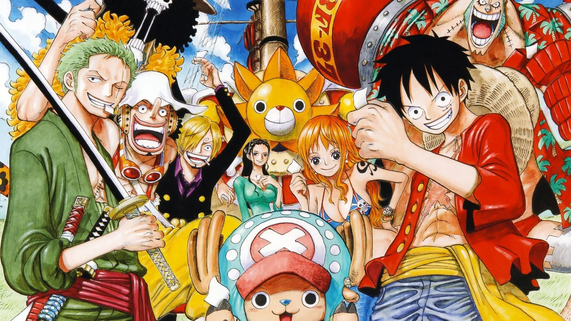 Luffy grins at the front with Zoro, Nami, Sanji and Chopper packed around him, the ship's sun figurehead peeking through the middle of the crowd.