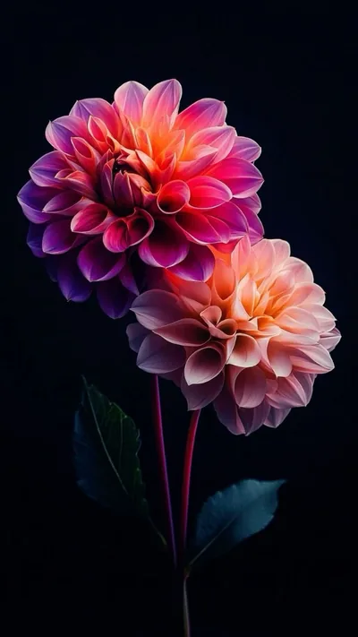 A pink and violet dahlia sits beside a smaller coral one on the same stem, both lit from the front so their petals stand out from near-black behind.