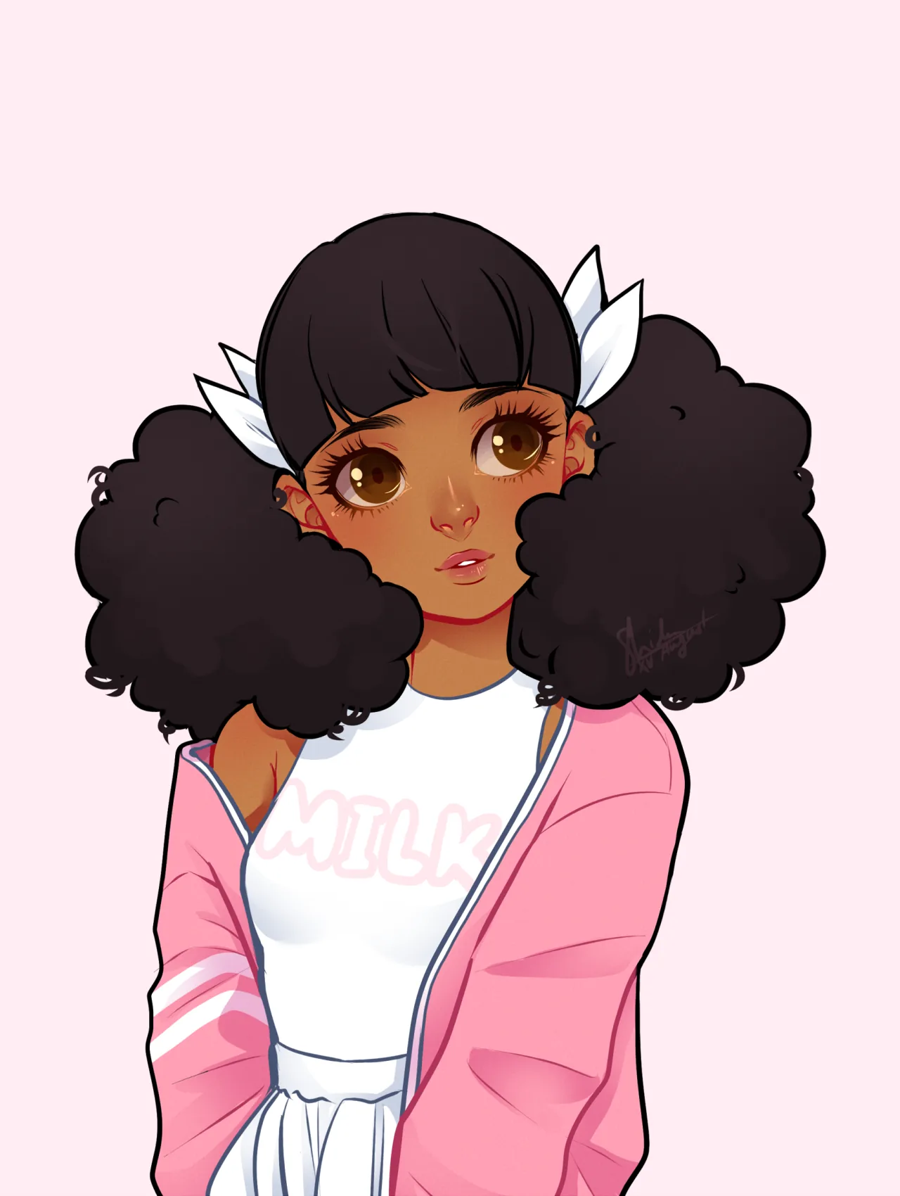 Two big afro puffs tied with white ribbons, a pink varsity jacket over a white tee, drawn flat on a soft blush background.
