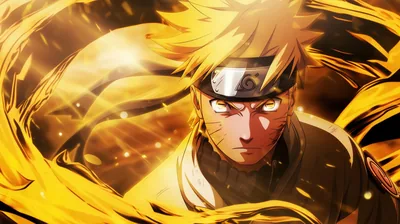 Naruto glares straight ahead from the centre of a spiralling storm of yellow chakra, embers streaking outward so the corners stay in motion.