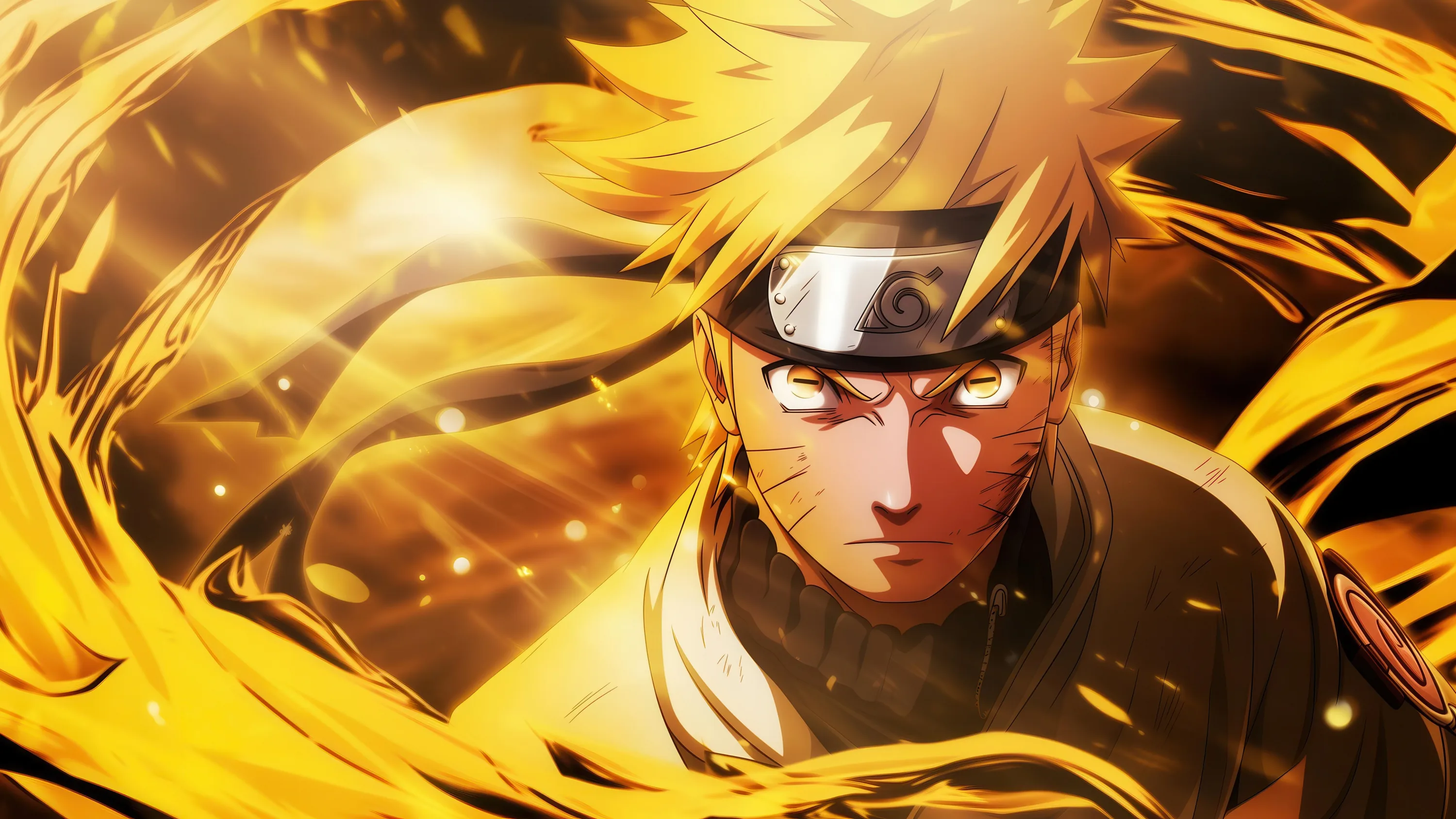Naruto glares straight ahead from the centre of a spiralling storm of yellow chakra, embers streaking outward so the corners stay in motion.