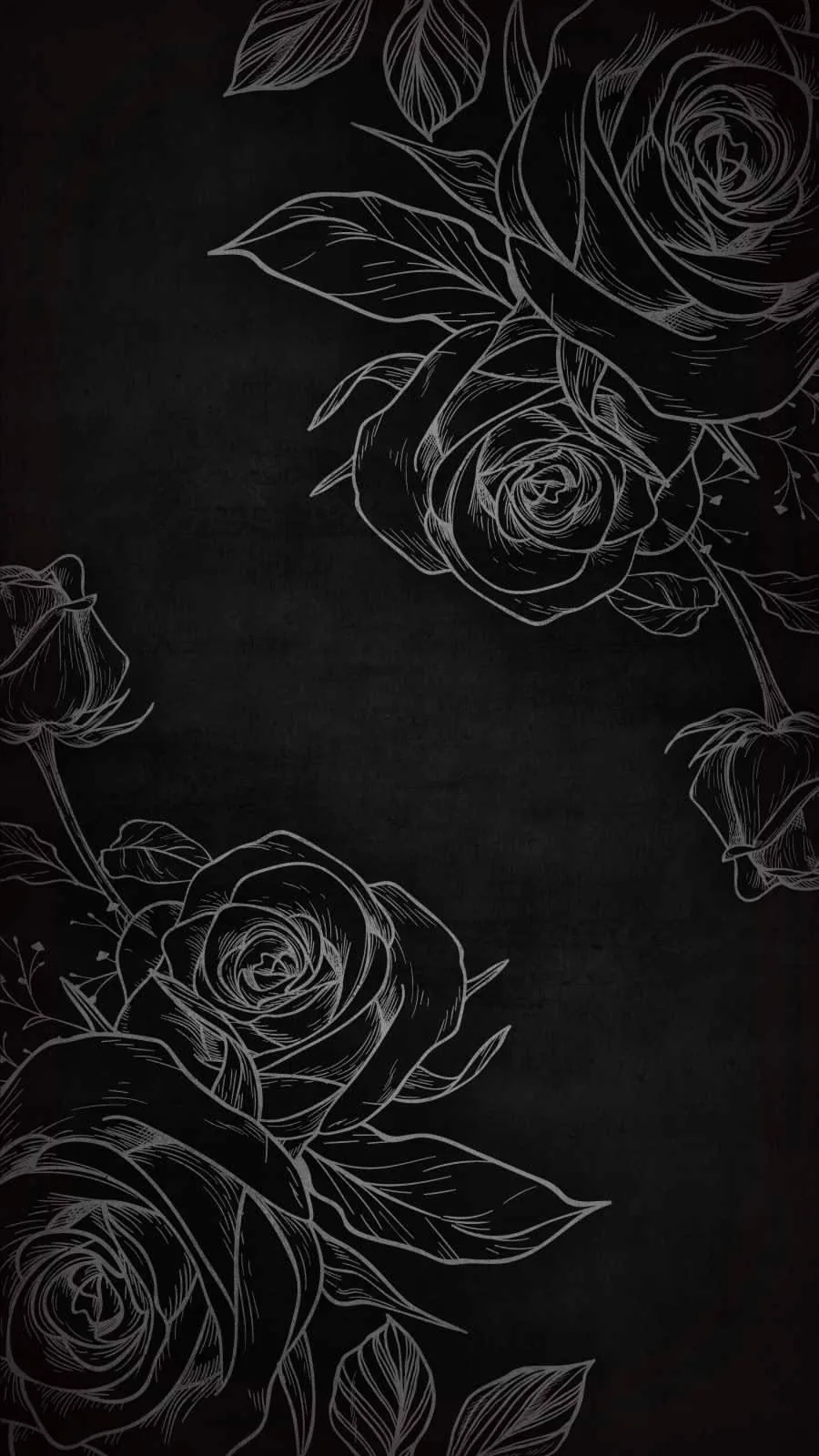 Roses and leaves drawn in thin white outline sprawl across a matte black surface, the stems trailing off past the bottom edge.