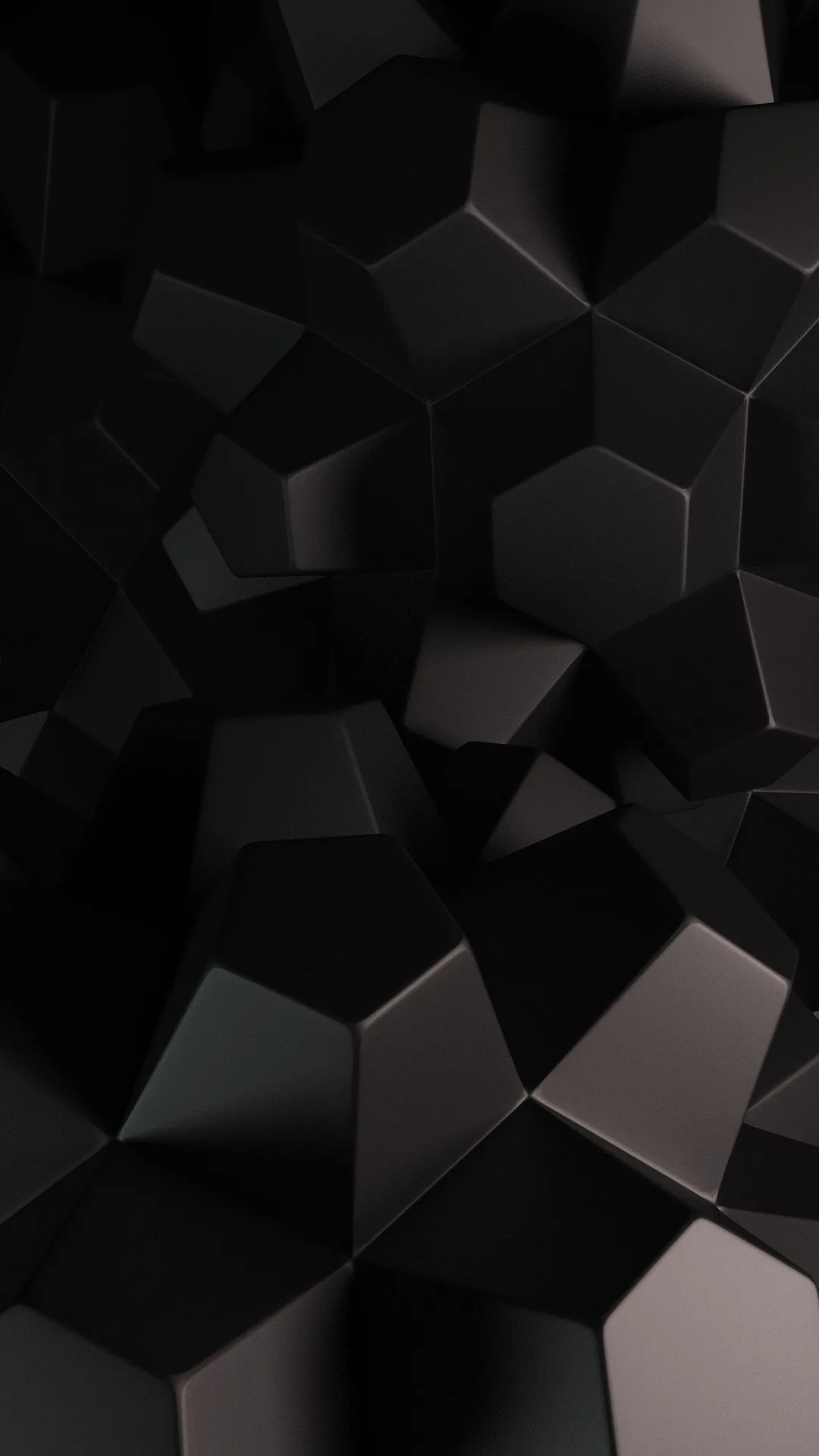 Faceted black blocks pack a tall frame, each flat face taking a slightly different grey so the edges read as depth.