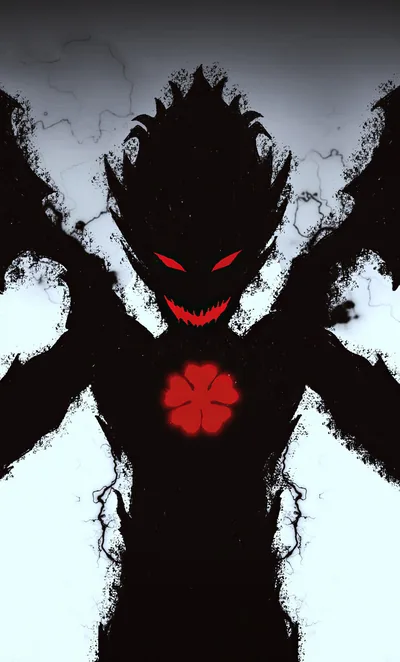 The Black Clover anti-magic devil looms as a horned silhouette, red eyes and a red five-leaf clover burning through the pale smoke behind it.
