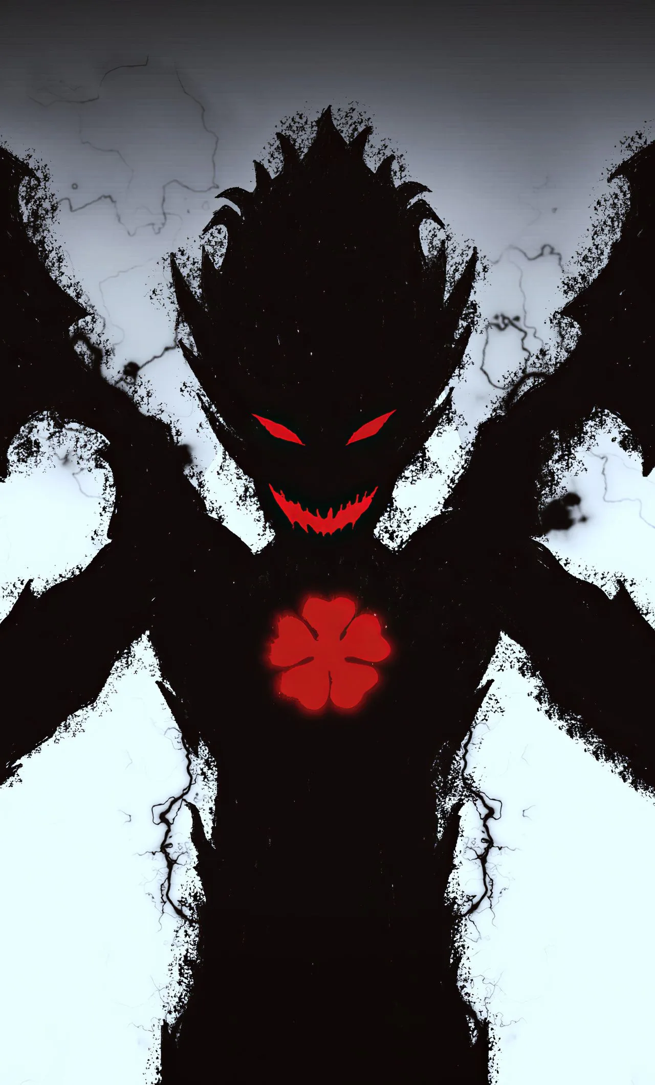 The Black Clover anti-magic devil looms as a horned silhouette, red eyes and a red five-leaf clover burning through the pale smoke behind it.