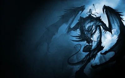 A winged dragon coils in the right half of the frame, painted in near-black over a hazy blue backdrop that leaves the left side open.