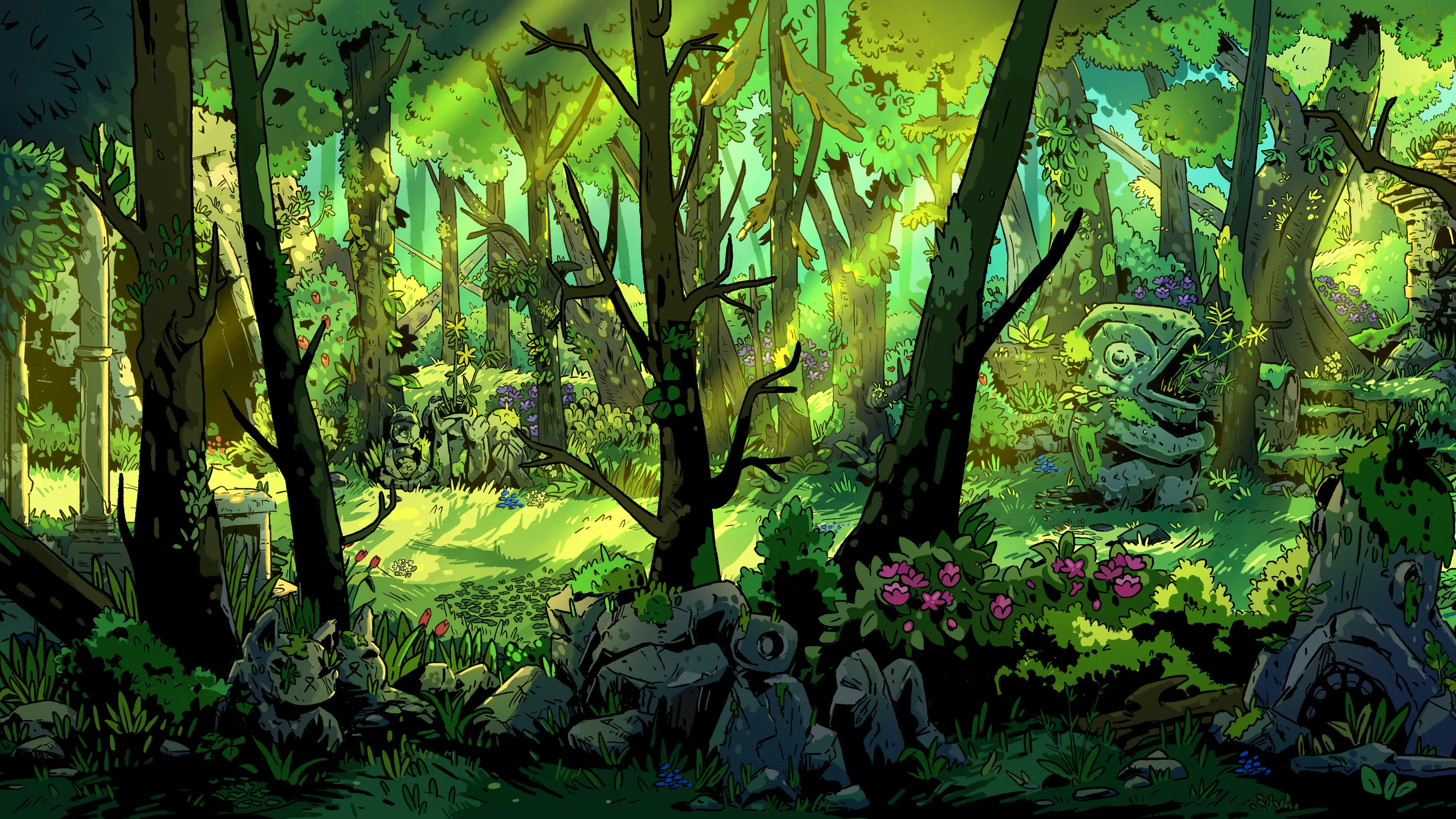 A hand-drawn forest clearing in comic style, carved stone ruins and pink flowers among dark trunks with yellow-green light pooling at the centre.